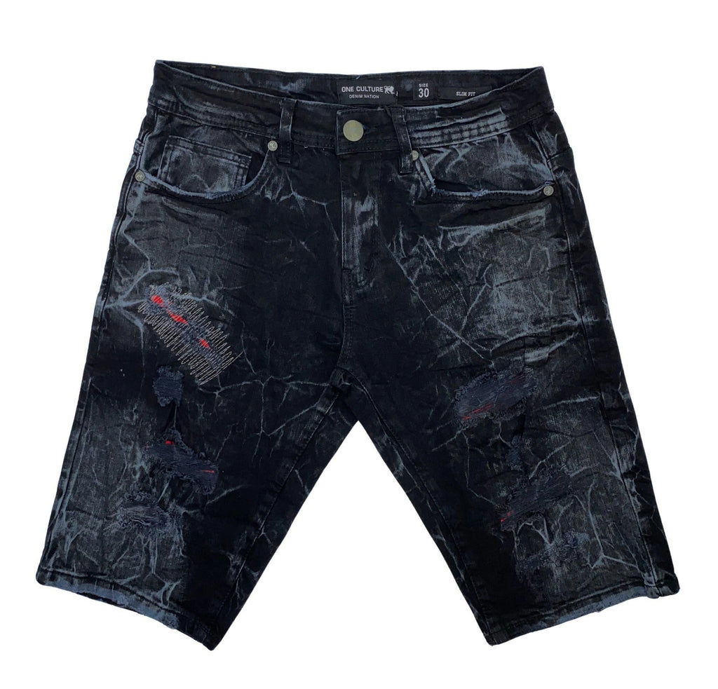 ONE CULTURE DISTRESSED EMBROIDERED WASHED DENIM SHORTS (BLACK)