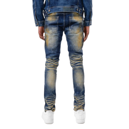 MEN'S COPPER RIVET SLIM FIT RIP & REPAIR WITH FLANNEL PATCH DENIM JEANS (DARK BLUE)