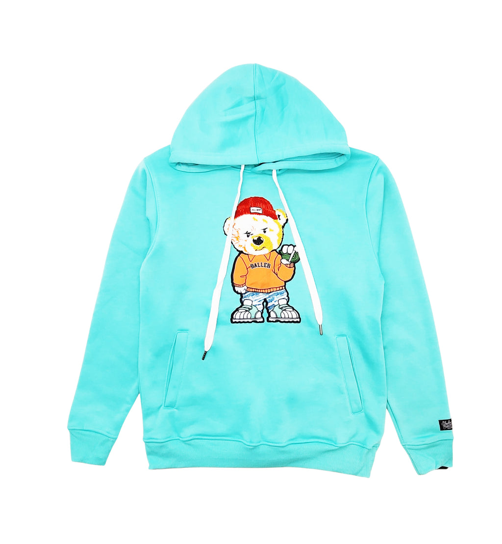 BLEECKER & MERCER MEN'S BEAR GRAPHIC FLEECE HOODIE (BRIGHT AQUA)