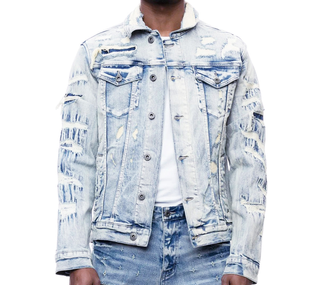 SMOKE RISE OVERSPRAY UTILITY FASHION DENIM JACKET (ASPEN BLUE)