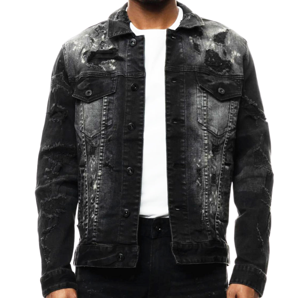 SMOKE RISE OVERSPRAY UTILITY FASHION DENIM JACKET (DUSTY BLACK)