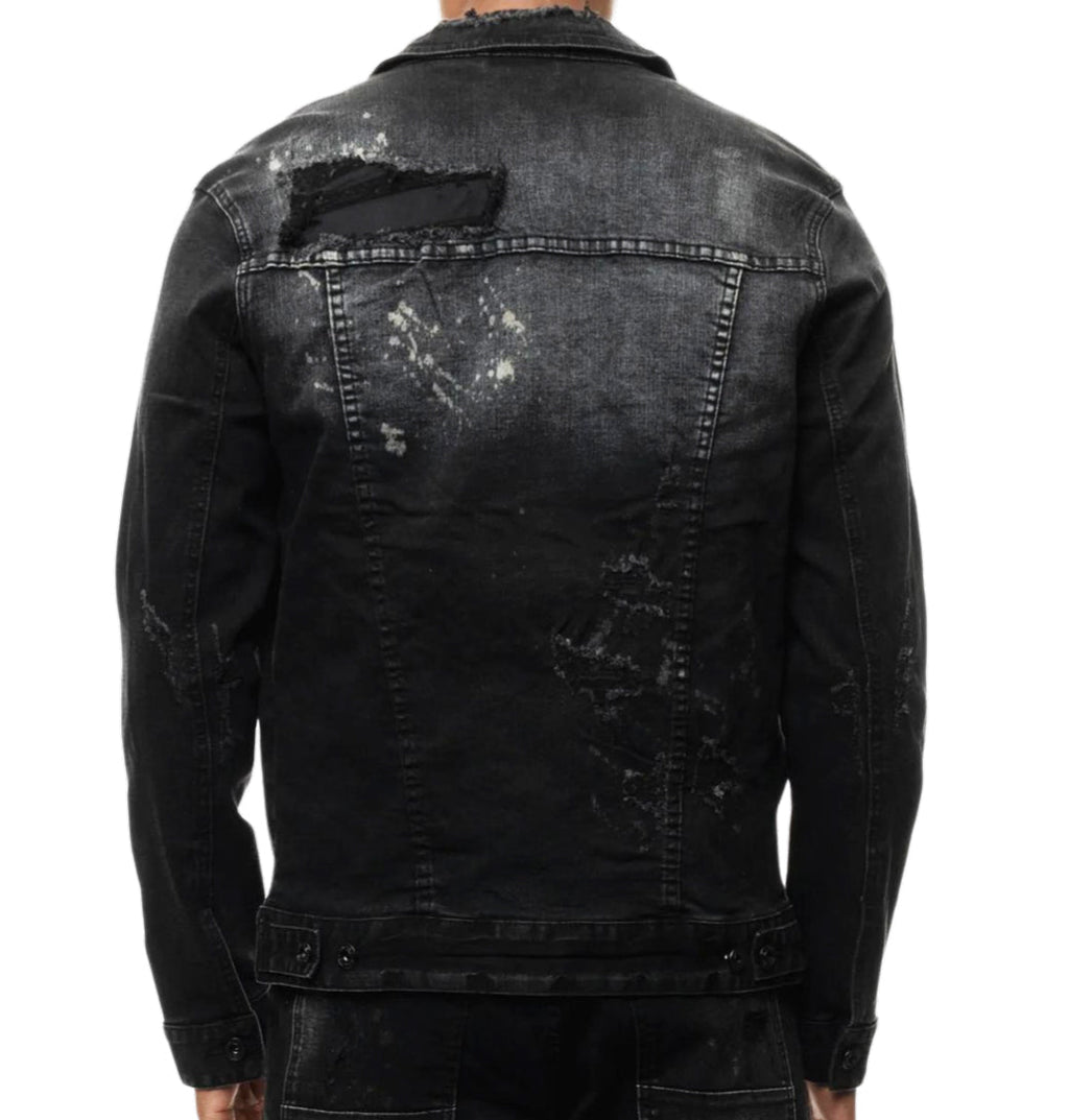 SMOKE RISE OVERSPRAY UTILITY FASHION DENIM JACKET (DUSTY BLACK)