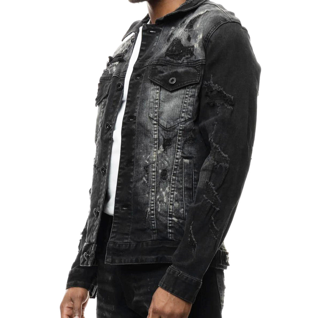 SMOKE RISE OVERSPRAY UTILITY FASHION DENIM JACKET (DUSTY BLACK)