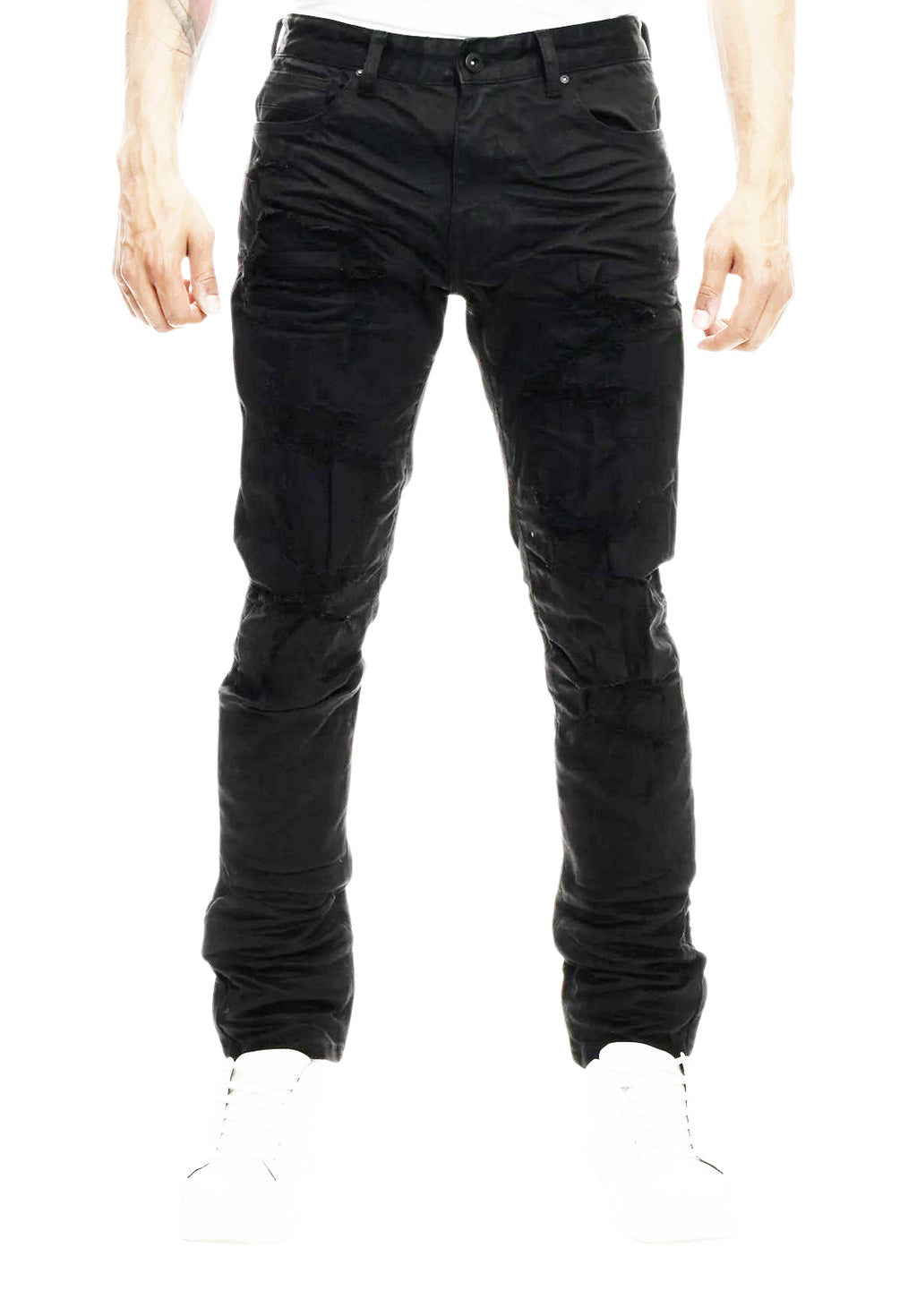 SMOKE RISE RIP & REPAIR SEMI BASIC JEANS (JET BLACK)