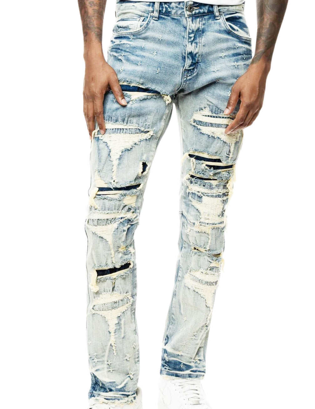 SMOKE RISE DOUBLE LAYERED HEAVY RIP & REPAIR JEANS (ASPEN BLUE)