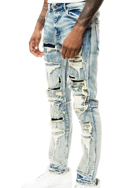 SMOKE RISE DOUBLE LAYERED HEAVY RIP & REPAIR JEANS (ASPEN BLUE)