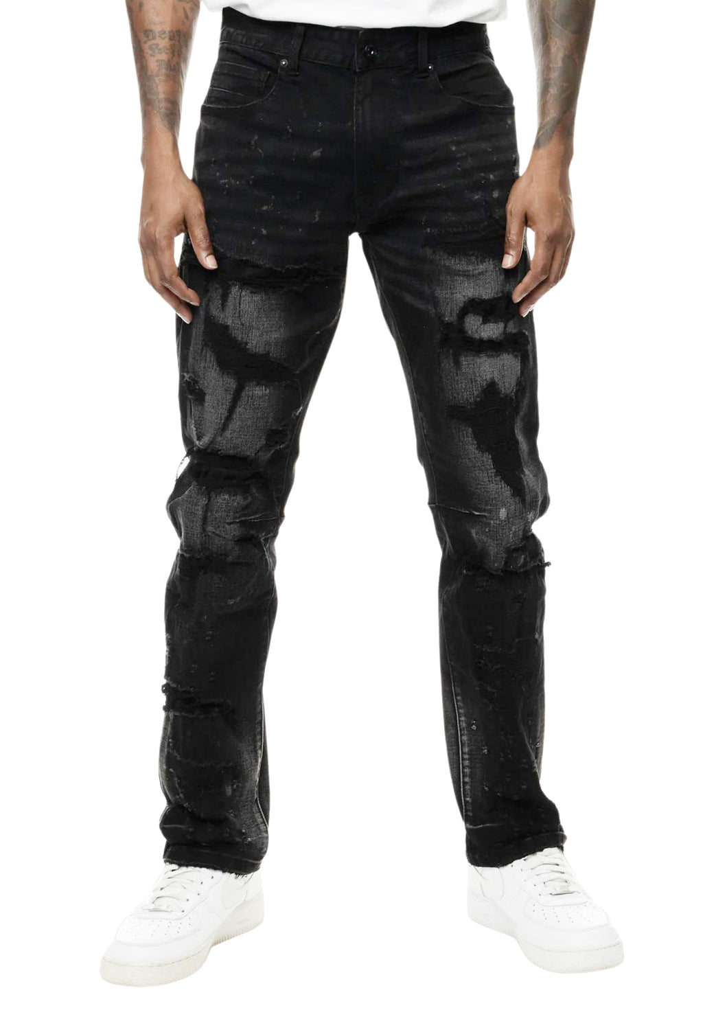 SMOKE RISE DOUBLE LAYERED HEAVY RIP & REPAIR JEANS (DUSTY BLACK)