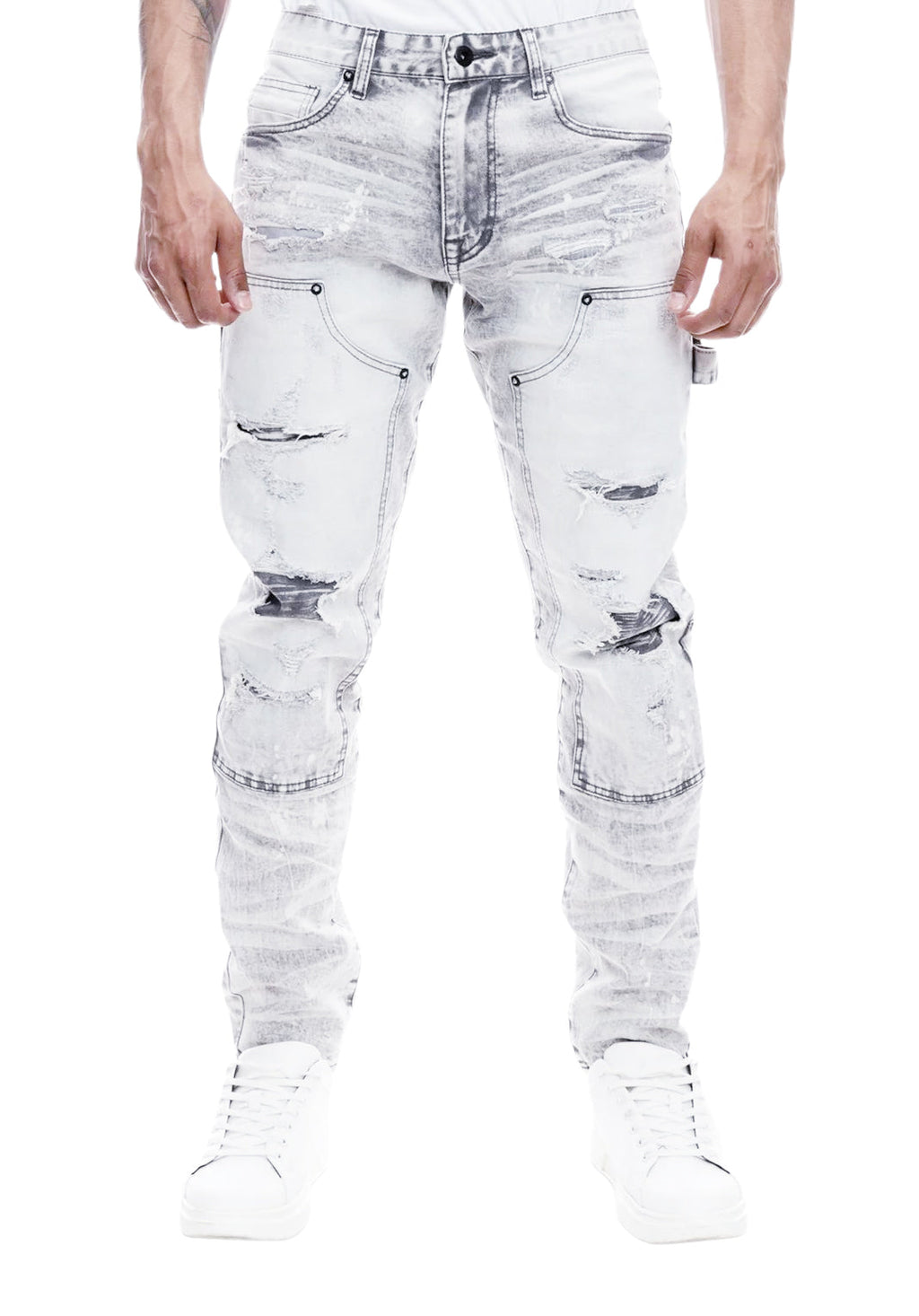 SMOKE RISE RIP & REPAIR DOUBLE KNEE FASHION JEANS (FROST GREY)