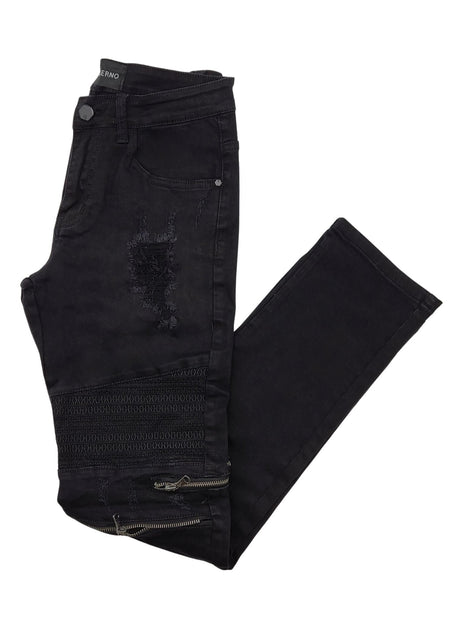 MODERNO MEN'S BLACK RIPPED DENIM JEANS WITH ZIPPERS