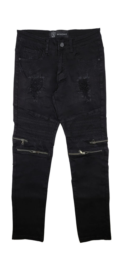 MODERNO MEN'S BLACK RIPPED DENIM JEANS WITH ZIPPERS