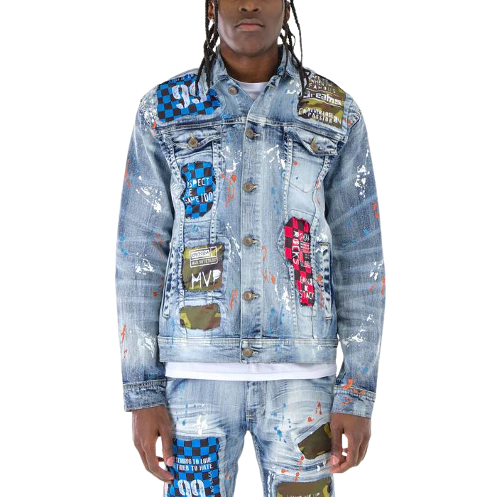 MEN'S COPPER RIVET PRINT & PLAID REPAIR DENIM JACKET (BLUE)