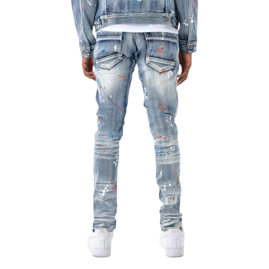 MEN'S COPPER RIVET SLIM FIT PRINT & PLAID REPAIR DENIM JEANS (BLUE)