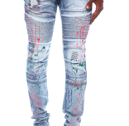 PAINT SPLATTER MOTO JEANS (SF1606 LT BLUE)