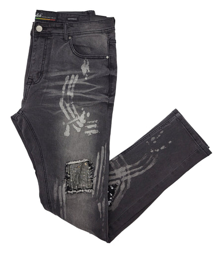 STRETCH RIPPED JEANS WITH PATCH (SF1608 BLACK)