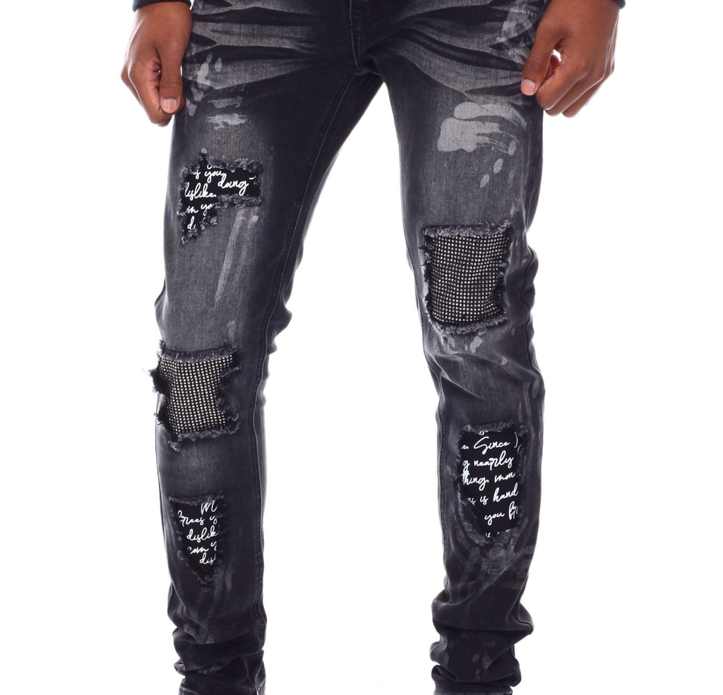 STRETCH RIPPED JEANS WITH PATCH (SF1608 BLACK)