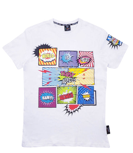 SWITCH MEN'S CARTOON T-SHIRT/SHORTS SET WITH PATCHES (WHITE)