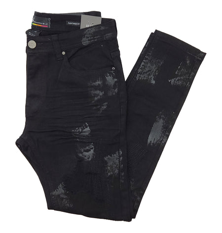 SWITCH MEN'S RIPPED EMBROIDED DENIM JEANS WITH PAINT (JET BLACK)