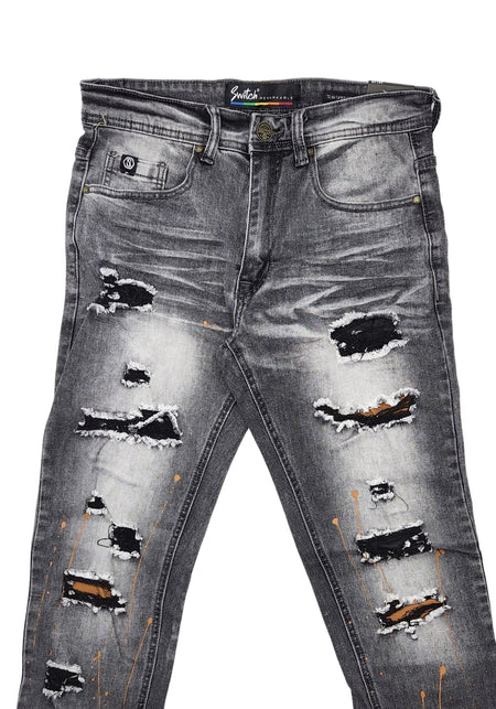 SWITCH MEN'S RIPPED DENIM JEANS WITH PAINT (BLACK SAND)