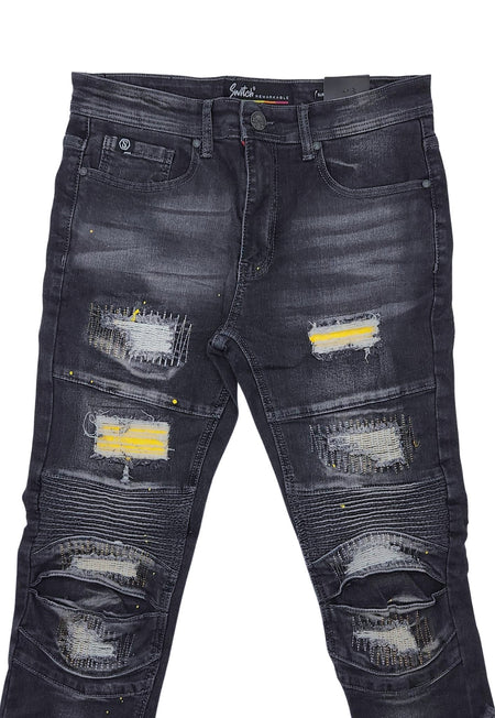 SWITCH MEN'S RIPPED DENIM EMBROIDED JEANS (BLACK)