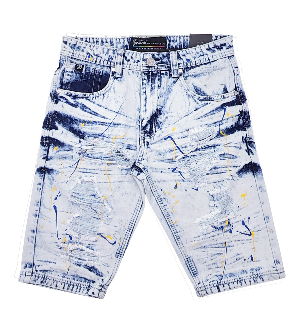 SWITCH MEN'S SPLASH PAINTED DENIM SHORTS (ICE BLUE)