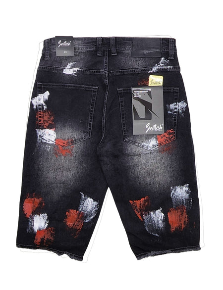 SWITCH MEN'S RIPPED EMBROIDED DENIM SHORTS (BLACK)