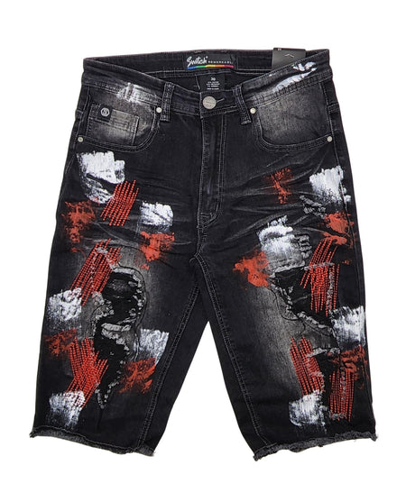 SWITCH MEN'S RIPPED EMBROIDED DENIM SHORTS (BLACK)