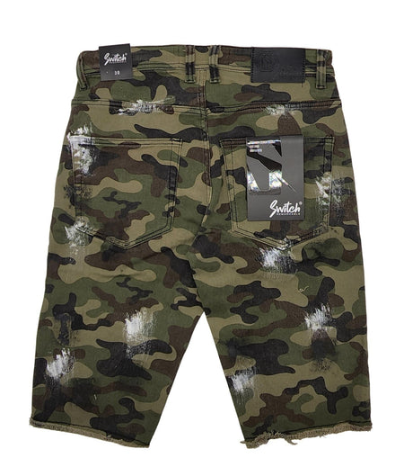 SWITCH MEN'S RIPPED EMBROIDED DENIM SHORTS (CAMO)