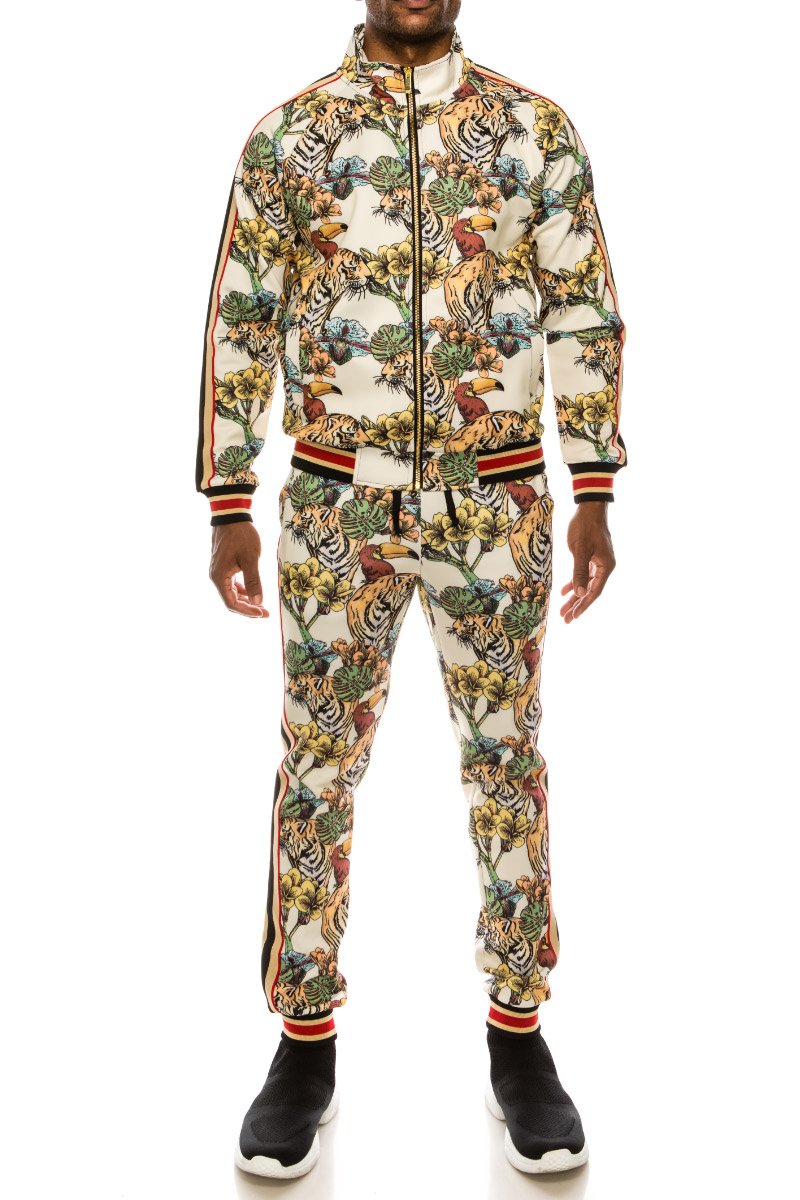 2 PCS JUNGLE TIGER PRINT TRACKSUITS WITH SIDETAPE (OFF WHITE)