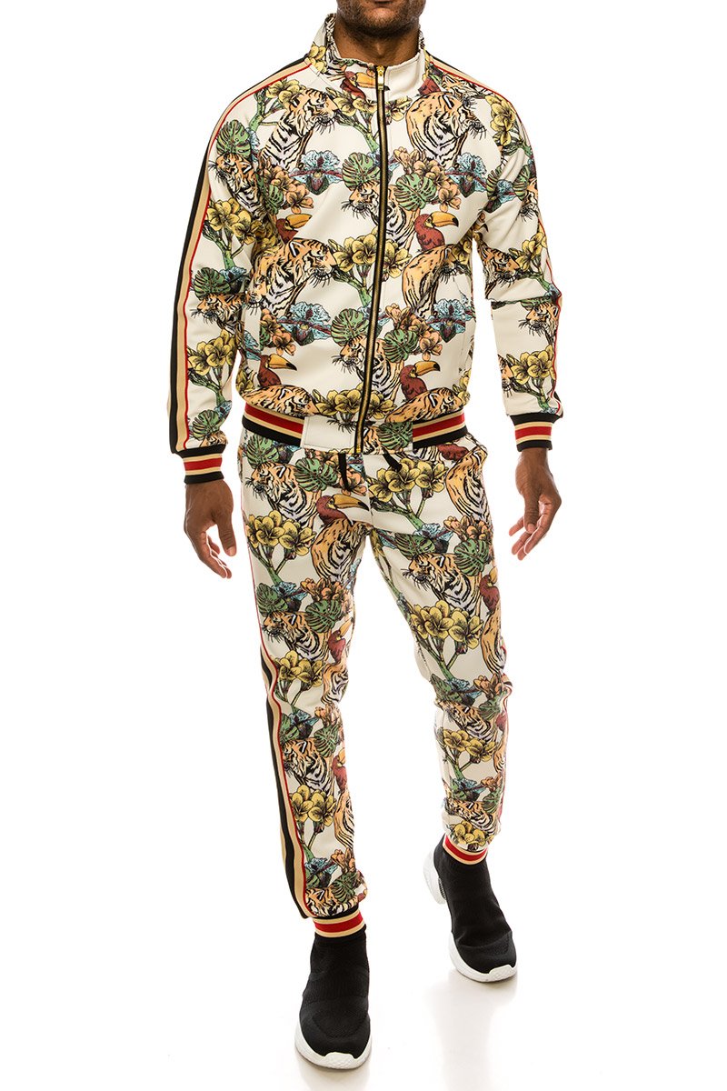 2 PCS JUNGLE TIGER PRINT TRACKSUITS WITH SIDETAPE (OFF WHITE)