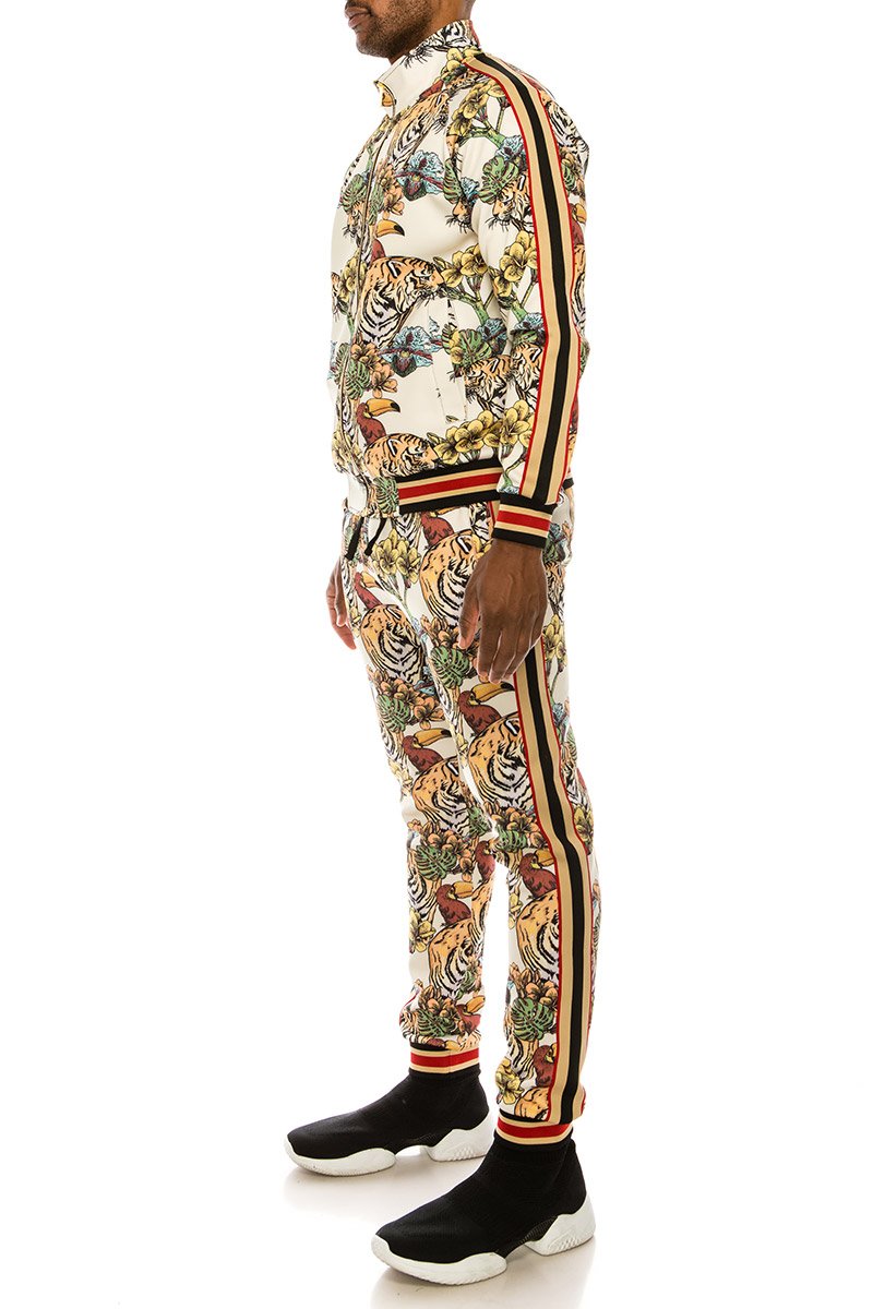 2 PCS JUNGLE TIGER PRINT TRACKSUITS WITH SIDETAPE (OFF WHITE)
