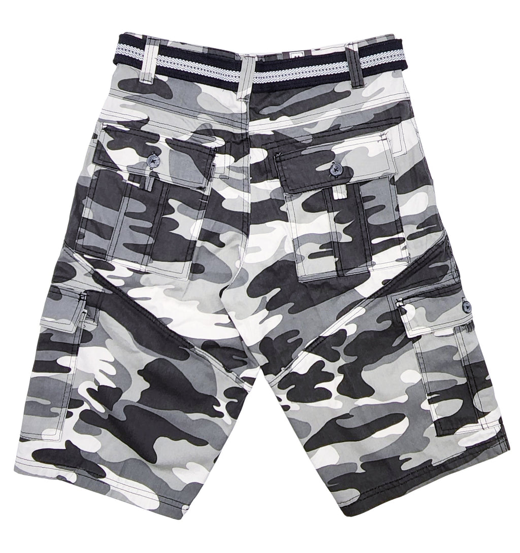 PLOREO MEN'S CARGO SHORTS WITH BELT (BLACK/WHITE CAMO)