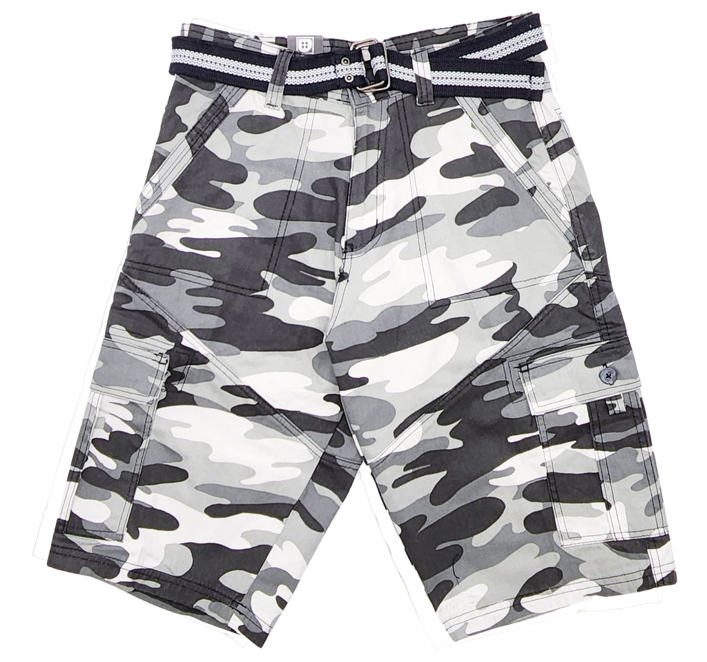 PLOREO MEN'S CARGO SHORTS WITH BELT (BLACK/WHITE CAMO)