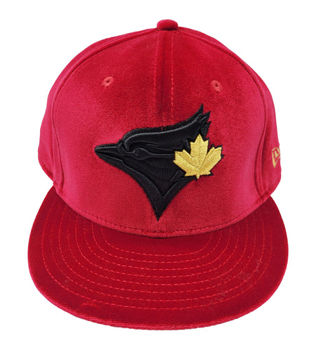 MEN'S TORONTO BLUEJAYS 5950 FITTED BLACK/GOLD LOGO ON RED VELOUR HAT