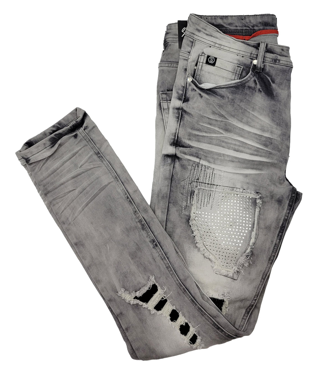 RIPPED JEANS WITH RHINESTONES (SF1607 GREY)