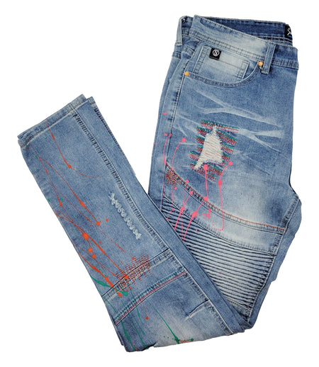 PAINT SPLATTER MOTO JEANS (SF1606 LT BLUE)