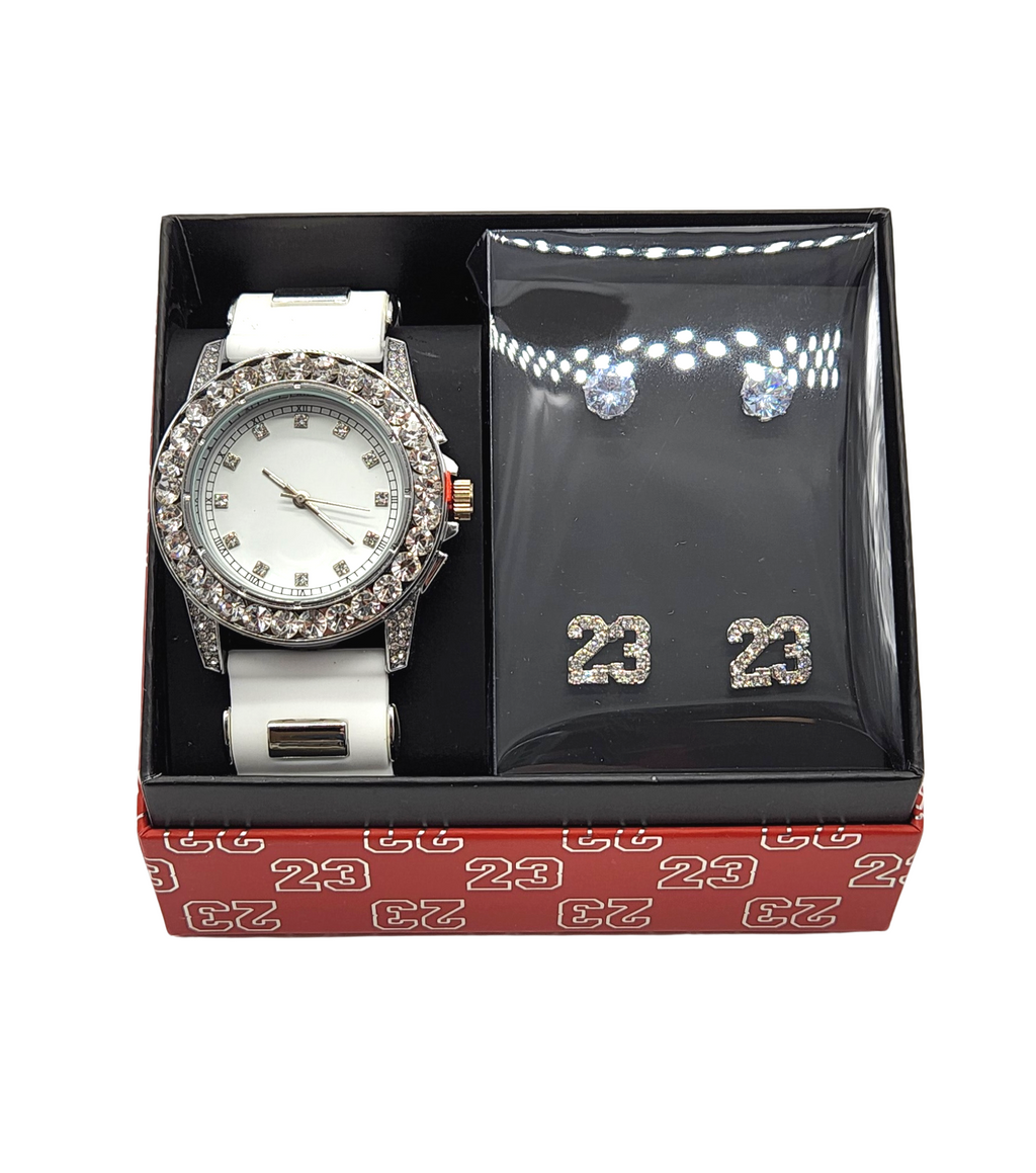 MEN'S WATCH/EARRINGS SET (WHITE/SILVER)