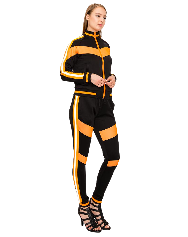 WOMEN REFLECTIVE 2PC TRACKSUIT BLACK & NEON ORANGE