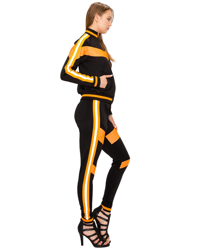 WOMEN REFLECTIVE 2PC TRACKSUIT BLACK & NEON ORANGE