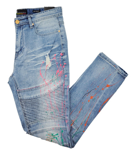 PAINT SPLATTER MOTO JEANS (SF1606 LT BLUE)