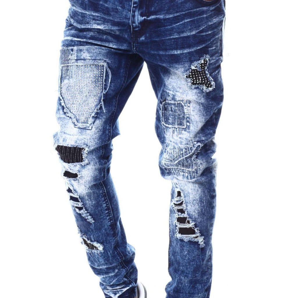 RIPPED JEANS WITH RHINESTONES (SF1607 INDIGO)